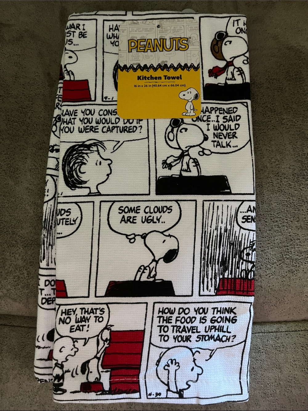 NWT Peanuts Black, White & Red Comic Strip Kitchen Towel